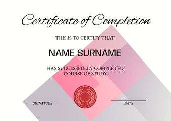 Illustration of certificate of completion, this is to certify that name surname text