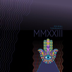 Illustration of primal tendancy mmxxiii with wave patterns and hand with colorful designs