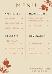 Illustration of menu with appetizers, main course, beverages, desserts, website name and numbers