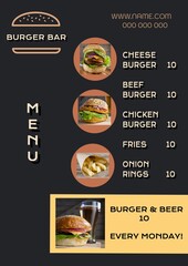 Illustration of menu with burger bar, website name and number and various burgers, copy space