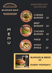  Illustration of menu with burger bar, website name and number and various burgers, copy space © vectorfusionart