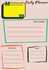 Illustration of daily planner, quote of the day, daily schedule, reminders, notes on pink background