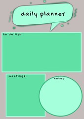 Illustration of daily planner, to do list, meetings, notes text with boxes on gray background