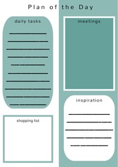 Illustration of plan of the day, daily tasks, meetings, inspiration and shopping list text