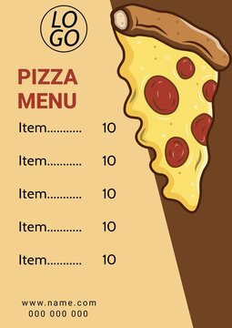 Illustration of logo pizza menu with items and prices over pizza slice on beige and brown background