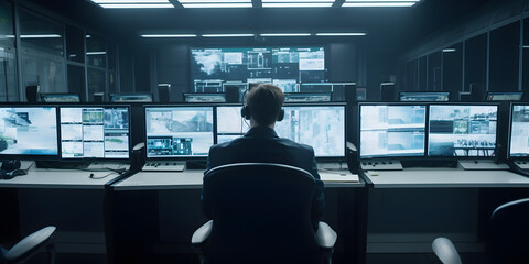 Electrical station, Central control panel of nuclear power plant reactor. Engineer at work back view, blue color. Generation AI.