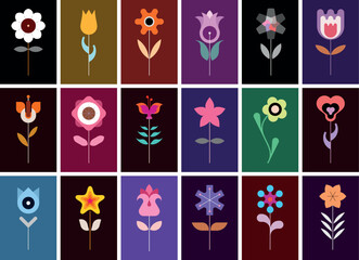 Set of flower vector icons. Collection of vector images, decorative seamless background. Each one of the design element created on a separate layer and can be used as a standalone image.