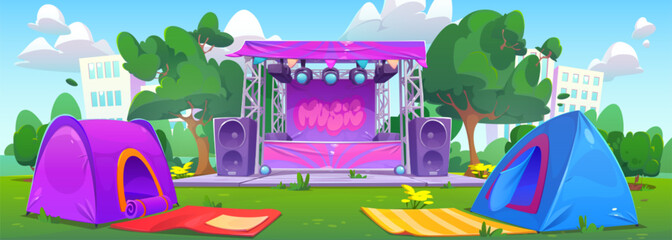 Music festival camp near concert stage. Vector cartoon illustration of outdoor scene with loudspeakers ready for open air show in morning city park. Tents and mats on green grass under blue summer sky