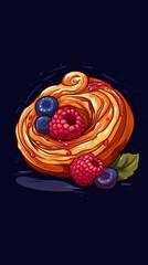 Freshly Baked Danish Pastry On Dark Background, Vertical Trendy Illustration. Crusty Pastry, Gourmet Bakery. Ai Generated Bright Trendy Illustration with Aromatic Traditional Danish Pastry.
