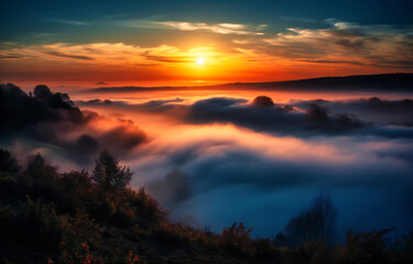 Fototapeta na wymiar sunrise over clouds above fog and fog