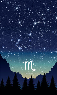 Scorpio constellation in the night sky, zodiac sign, horoscope app, mountain landscape vertical template for stories. Background for astrology, fortune teller, calendar. Modern vector illustration.