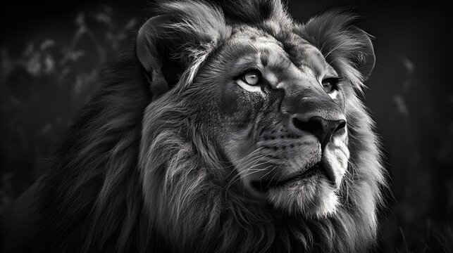 Black and White fine art wildlife photography of a King Lion. Created with Generative AI Technology