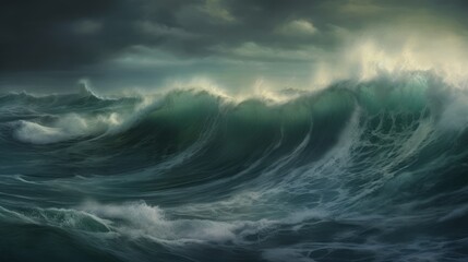 Turbulent Waters: Stormy seas and turbulent waves, illustrating the increasing intensity of storms fueled by warmer ocean temperatures | generative ai