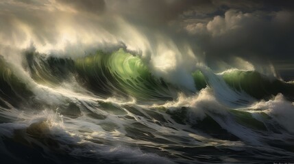 Turbulent Waters: Stormy seas and turbulent waves, illustrating the increasing intensity of storms fueled by warmer ocean temperatures | generative ai