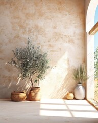 Sun-kissed mediterranean living: vibrant houseplants in flowerpots & vases adorn a charming porch amid the walls of a historic building