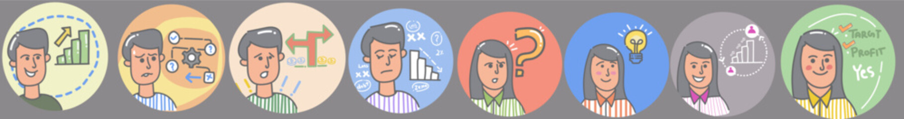  avatar up down of business,worried, profit loss,confusion set of drawing, human interaction,hand drawn,cartoon style business ,