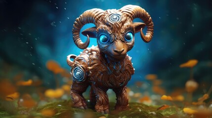 Baby Sheep with blue eyes standing on grass and dark