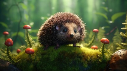 Hedgehog standing on moss in the forest