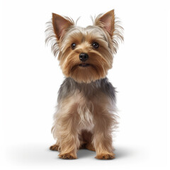 Yorkshire Terrier dog sitting, isolated  in front of a white background, ai generative.