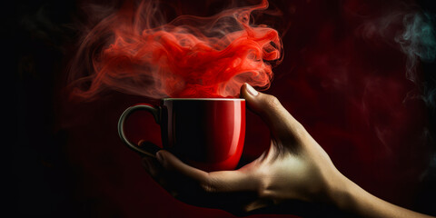 Captivating steaming red coffee mug held by a person, symbolizing comfort and importance of daily relaxation rituals - emotional connection. Generative AI