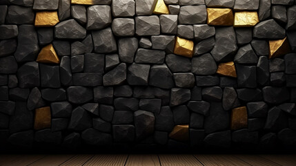 Background wall of black and gold rocks, Generative Ai