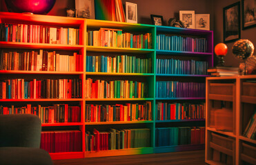 an open book shelf with mixed colours of books