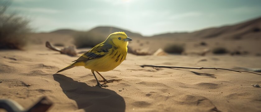 Yellow Canary Bird sitting in the desert. Created with Generative AI Technology