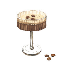 Watercolor glass of espresso martini with coffee grain. Hand-drawn illustration isolated on white background. Perfect for recipe lists with alcoholic drinks, brochures for cafe, bar