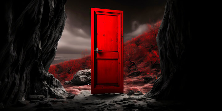 Captivating red door revealing an enchanting otherworldly landscape, symbolizing unlimited imagination and the unknown - emotions to stir potential buyers. Generative AI