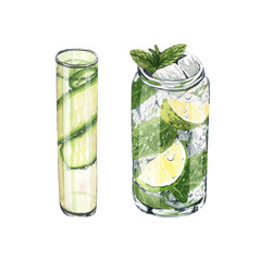 Watercolor mojito summer refreshing cocktail mint leaves and cucumber water. Hand-drawn illustration isolated on white background. Perfect for recipe lists with alcoholic drinks, brochures for cafe