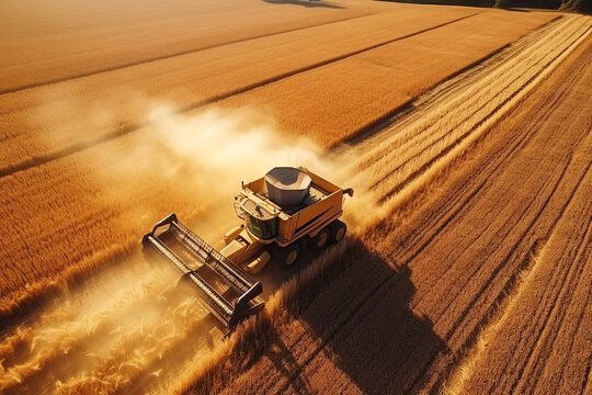 combine harvester harvesting crop wheat grain from field in summer at sunset. Top view. Generative AI