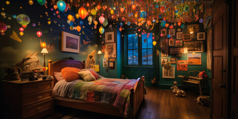Enchanting children's room at night, shimmering stars on ceiling, vibrant whimsical illustrations on walls; evoking boundless dreams and sparking imagination. Generative AI
