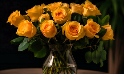 a bunch of yellow roses is arranged in a vase