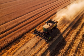 Harvesting wheat grain by combine harvester in field in summer. Aerial view top. Generative AI