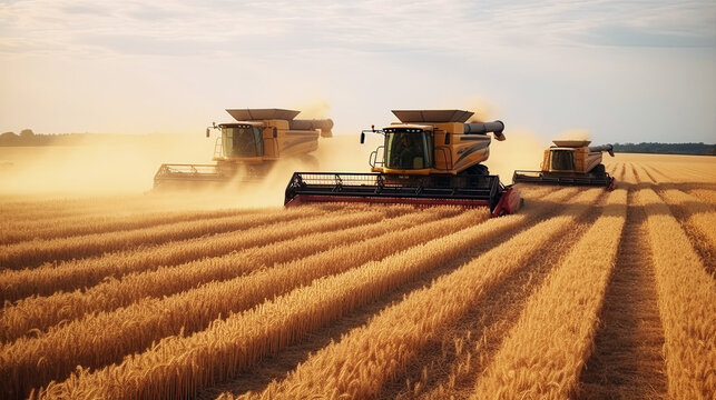 Harvesting crop wheat grain by combine harvesters in field on farm in summer at sunset. Generative AI