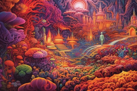 The ayahuasca psychedelic experience representation, a transformative journey that combines ancient traditions and spiritual exploration, offering profound insights and self discovery. Ai generated