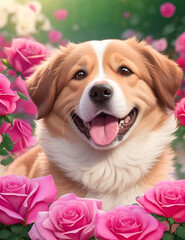 Cute Smiling Brown White Fury Dog Beautiful Smile Rose Background green leaves
