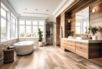 Fototapeta na wymiar a large, modern, white bathroom filled with wood