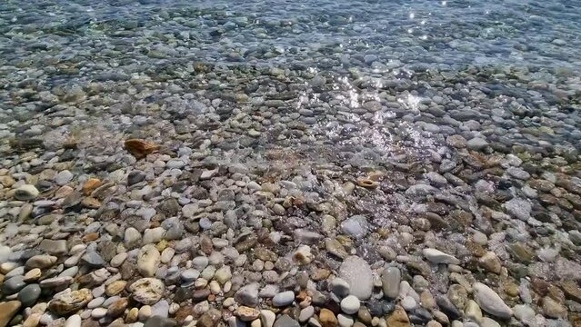 Closeup Of Kinira Beach, Pebble Beach, Crystal Clear Water, Waves Splashing, Thassos Island, Greece, Europe