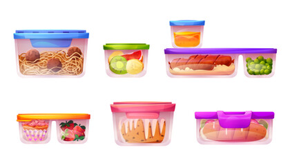 Plastic lunch food storage container icon vector illustration. Isolated cooked vegetable and fruit glass pack for picnic cartoon clipart set. Prepared leftover with salad, dessert and meat ball.