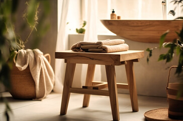 a wooden stool next to a bathtub in white