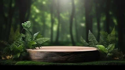 Foto op Canvas blank wooden podium with green forest background for organic cosmetics and natural product advertisement.  © piggu