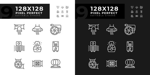 Fototapeta premium Air filtration linear icons set for dark, light mode. Fresh air. Respiratory health. Home equipment. House appliance. Thin line symbols for night, day theme. Isolated illustrations. Editable stroke