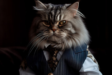 Portrait of ambition, well-dressed cat. Furry, well-fed cat in expensive suit. Generative AI