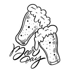 Hand drawn monochrome color beer day holiday sing.