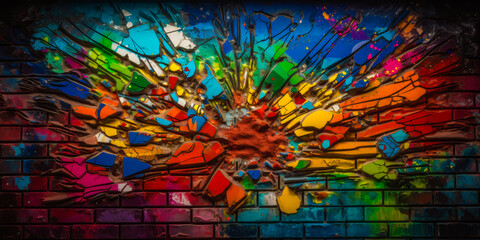 Captivating cracked wall with a vibrant color explosion, emanating energy; incites emotions and evokes creative inspiration. Standout design choice! Generative AI