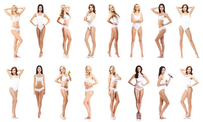 Young, fit, happy and beautiful blond woman in white swimsuit isolated on white background - set collection. Healthcare, diet, sport and fitness.