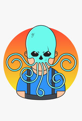 Vector illustration of bandit in gray overalls blue t-shirt and octopus mask