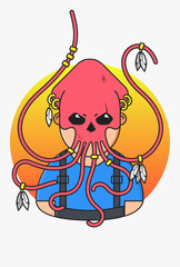 Design vector illustration of evil indian with suspenders t-shirt mask octopus pierced