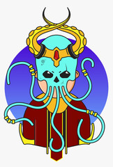 Vector illustration of vip villain with horns crown and octopus mask in jewelry with ruby